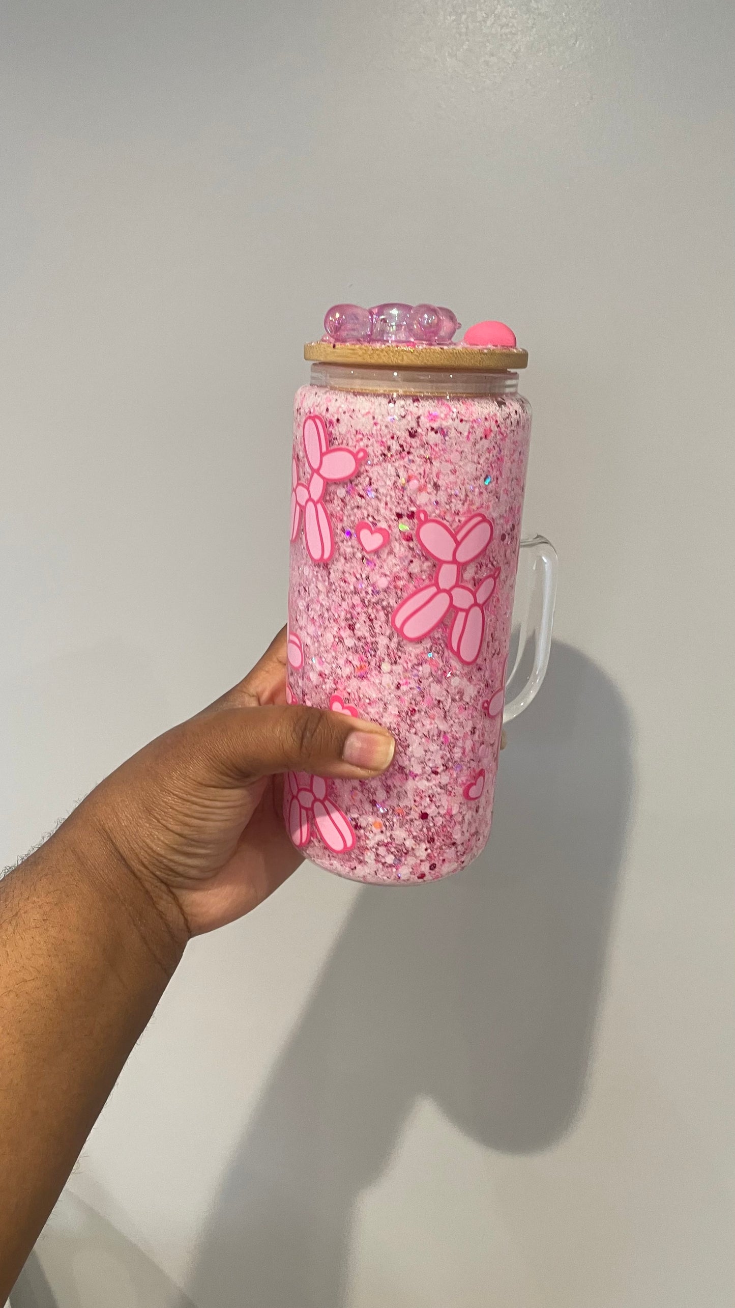 Pink Balloon Dog Snowglobe Glass Tumbler with Handle