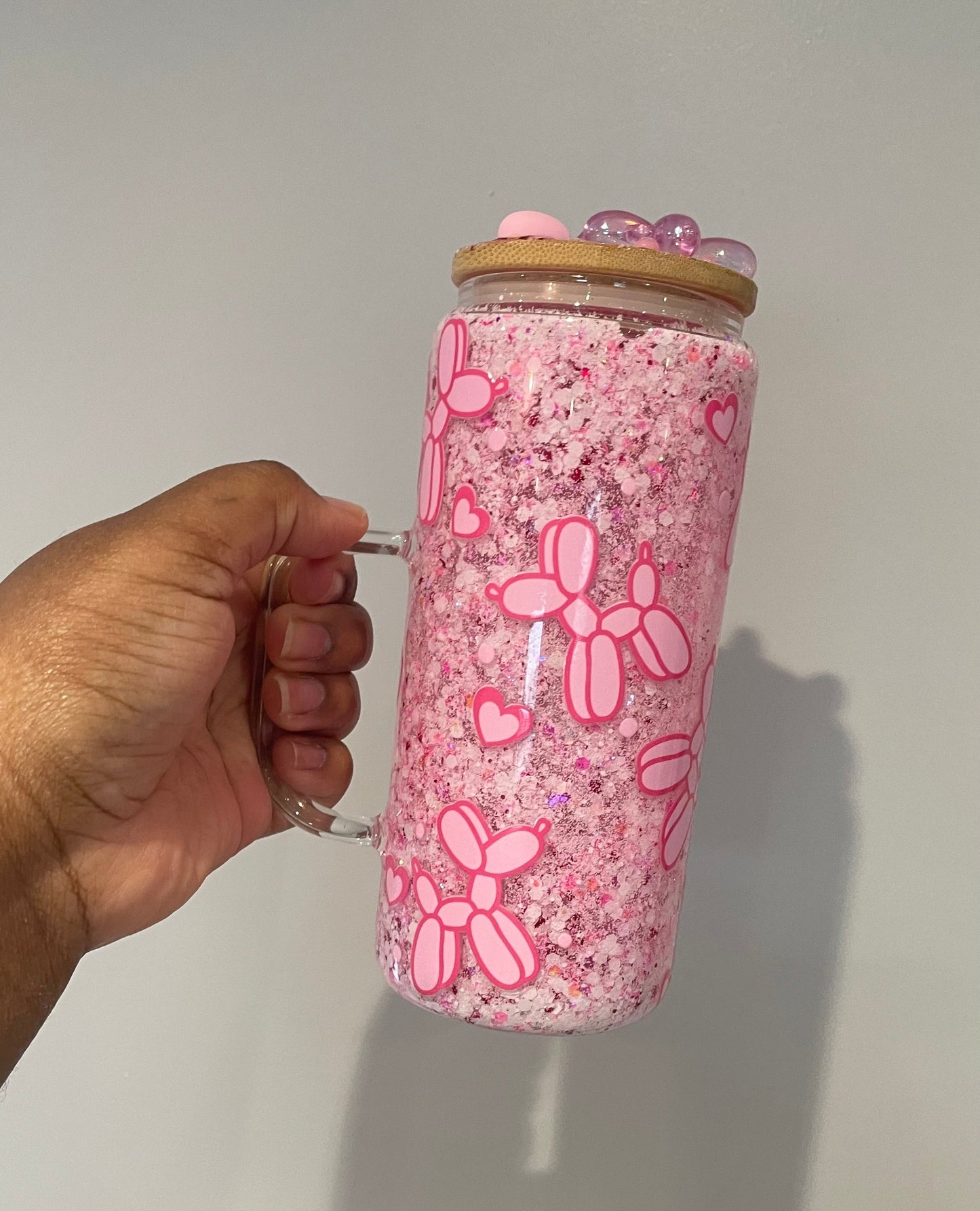 Pink Balloon Dog Snowglobe Glass Tumbler with Handle