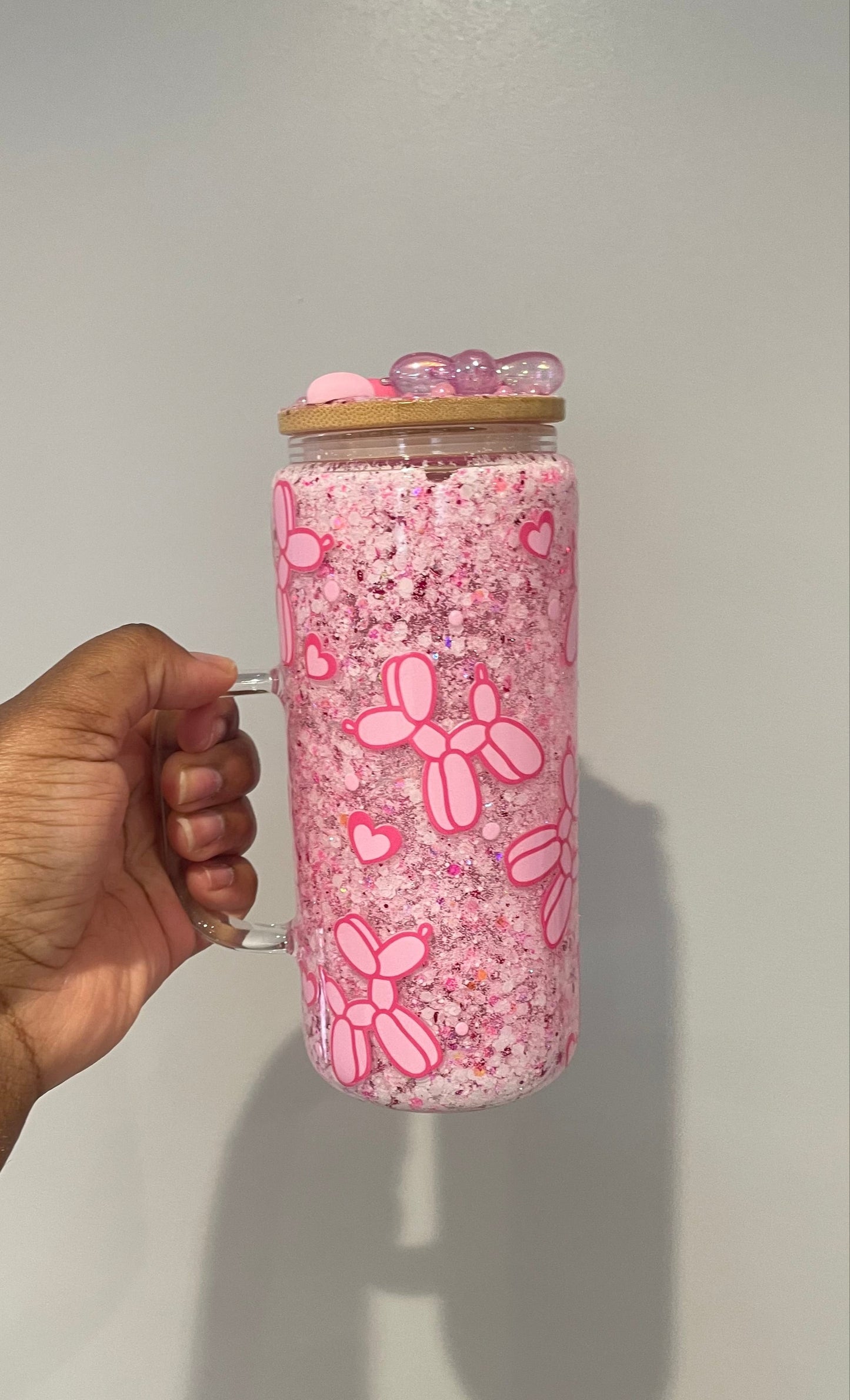 Pink Balloon Dog Snowglobe Glass Tumbler with Handle