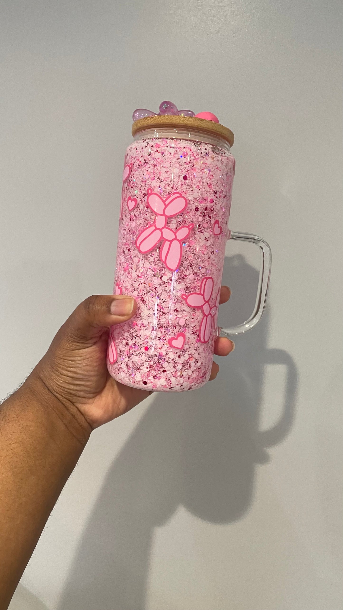 Pink Balloon Dog Snowglobe Glass Tumbler with Handle