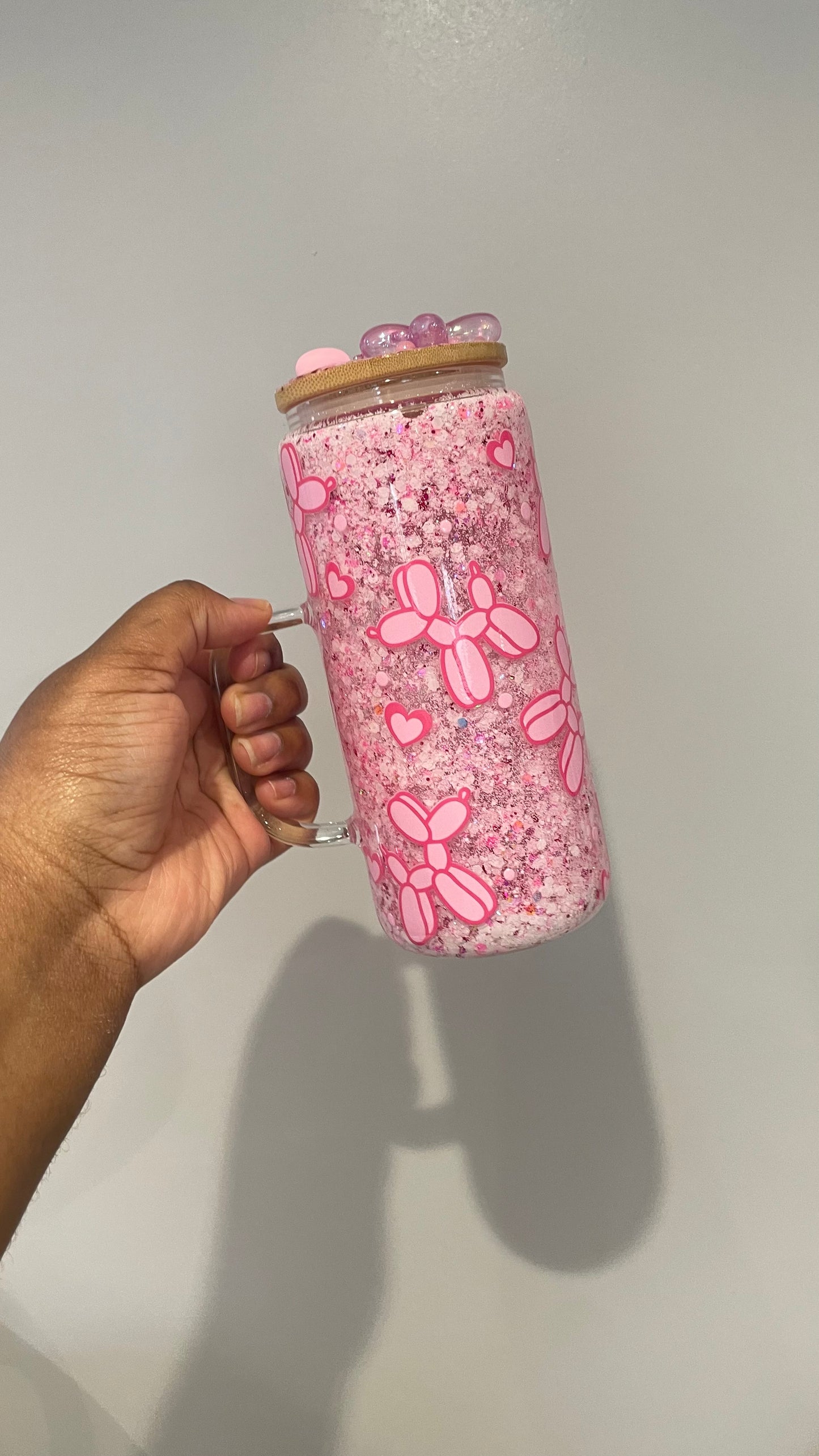 Pink Balloon Dog Snowglobe Glass Tumbler with Handle