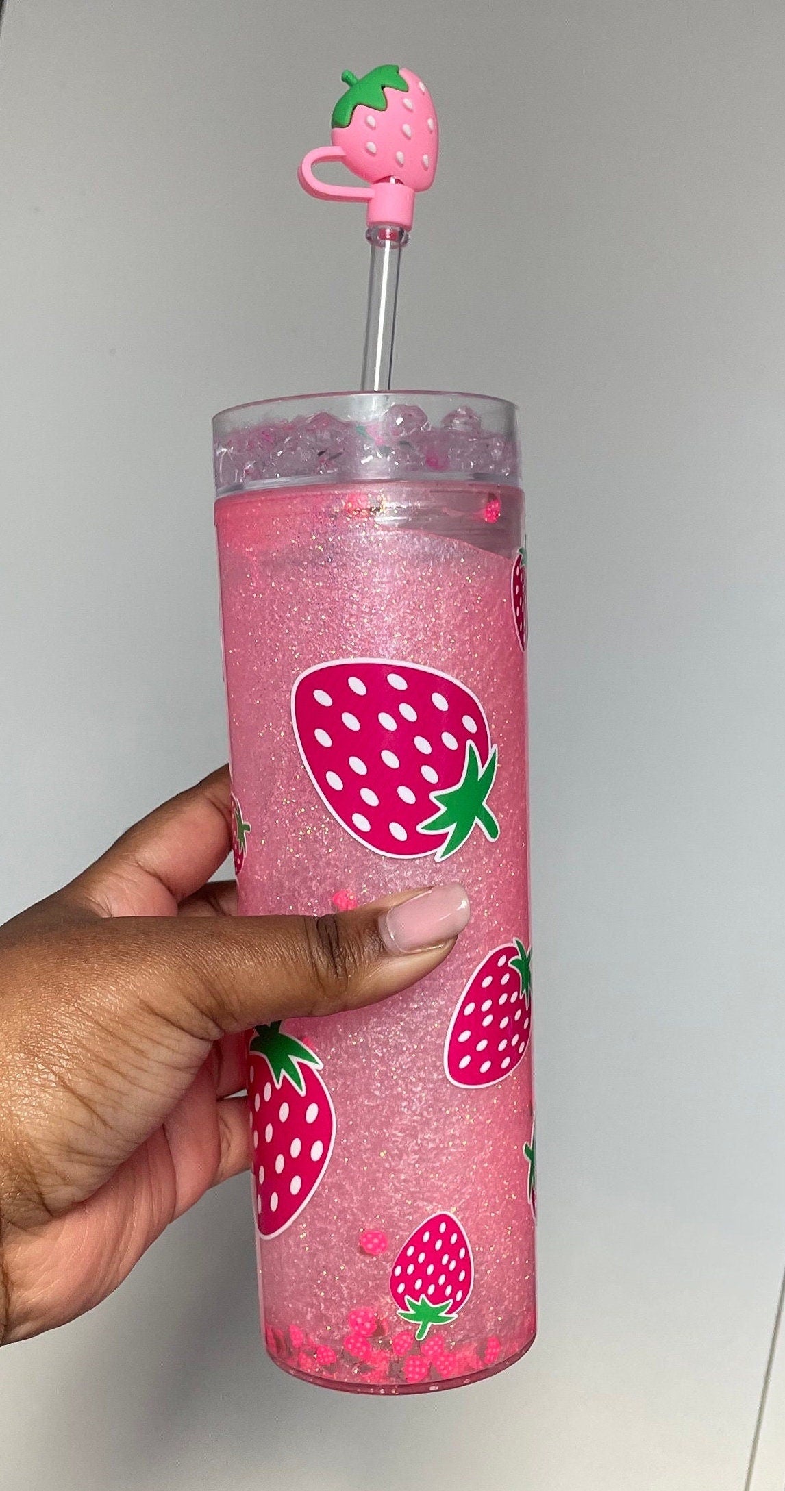 Strawberry Snowglobe Skinny Tumbler (READY-TO-SHIP)