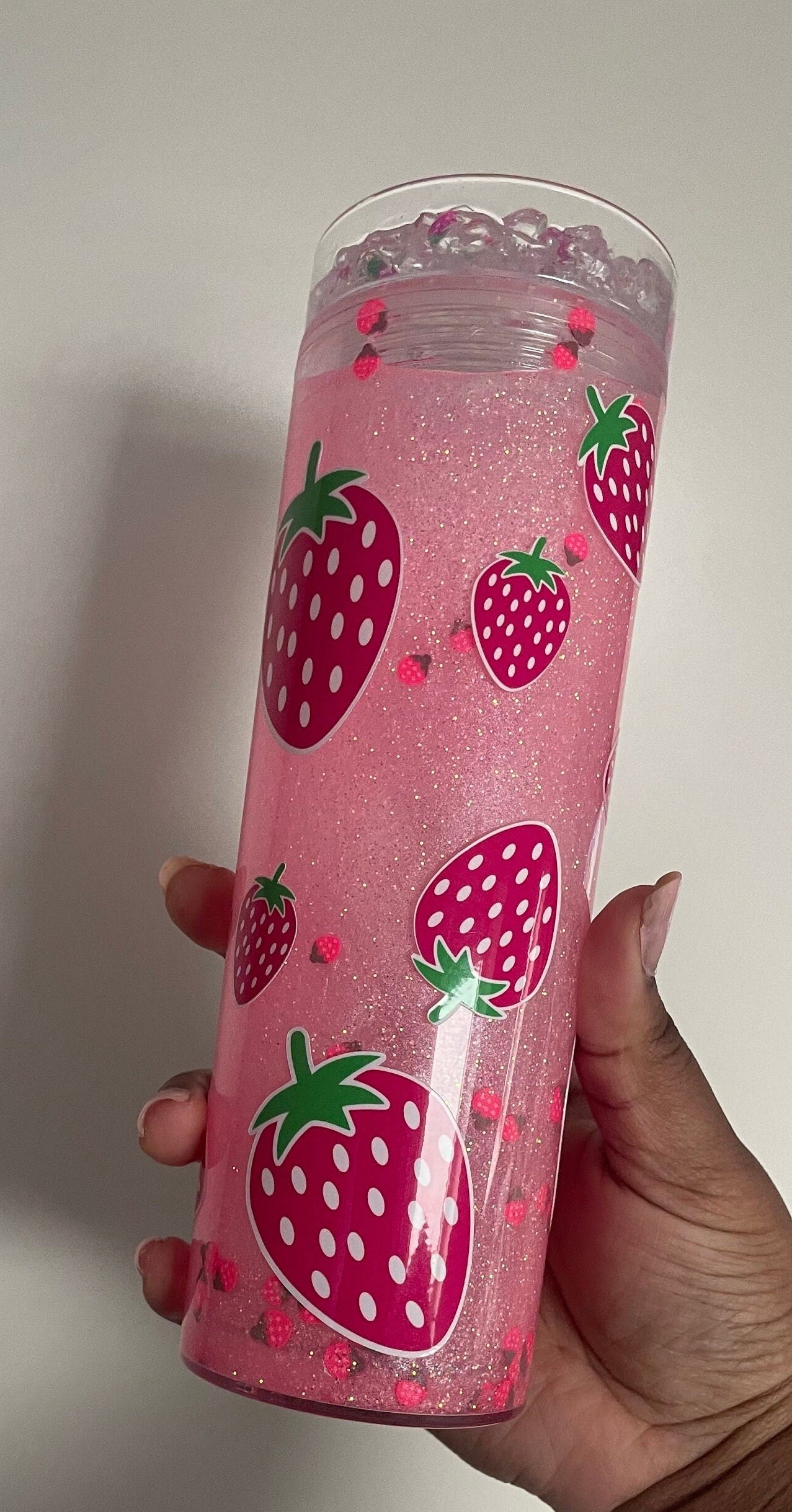 Strawberry Snowglobe Skinny Tumbler (READY-TO-SHIP)