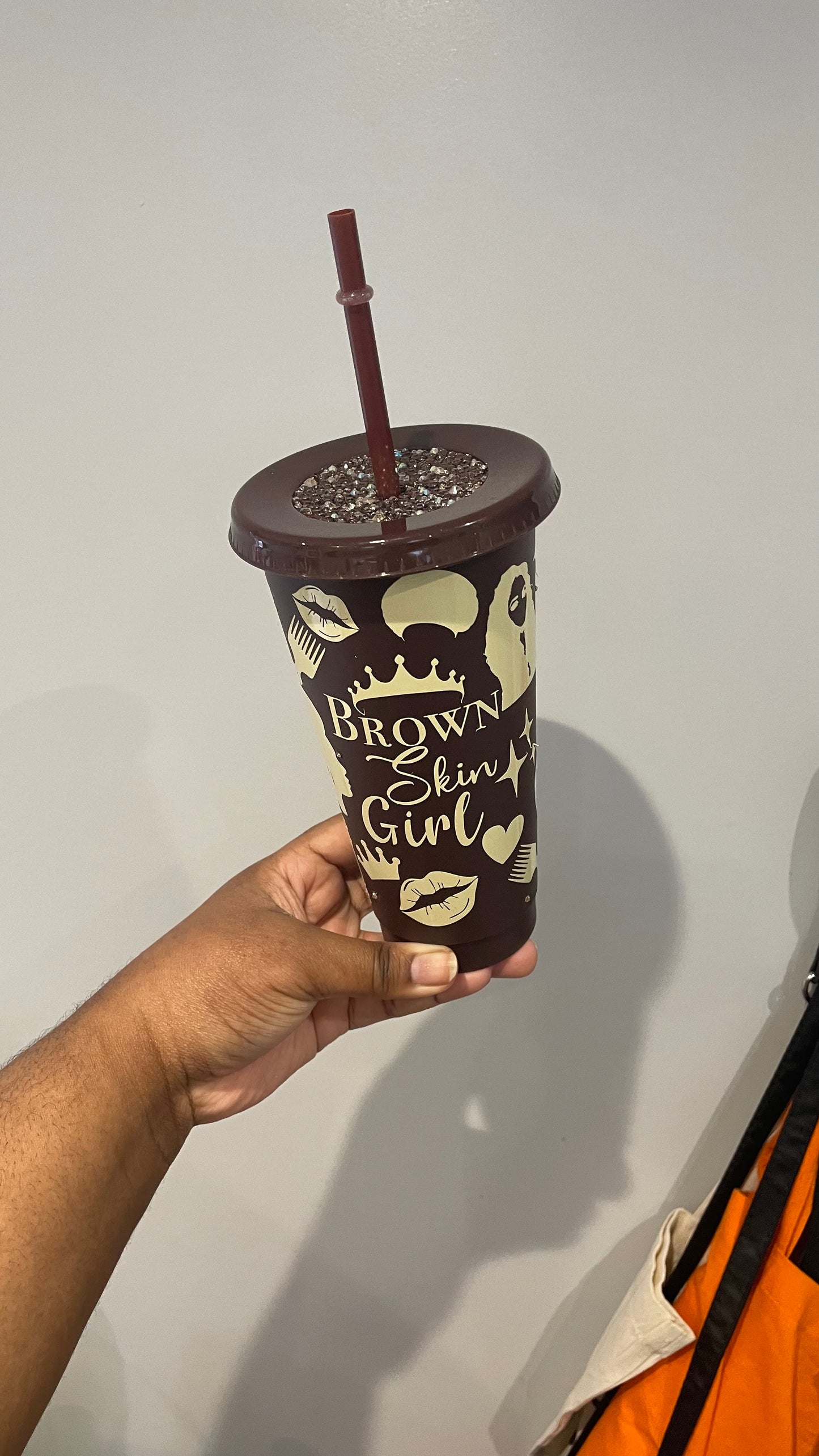 Brown Skin Girl Cold Cup with Straw | Rhinestone Lid with Brown Skin Girl Reusable Cup