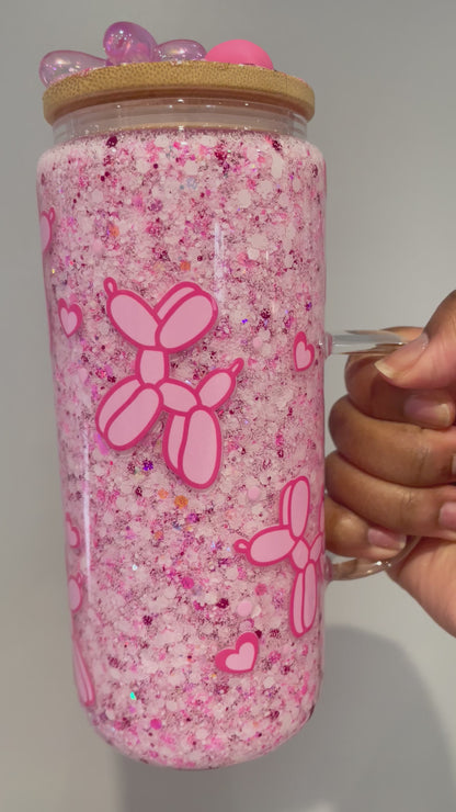 Pink Balloon Dog Snowglobe Glass Tumbler with Handle