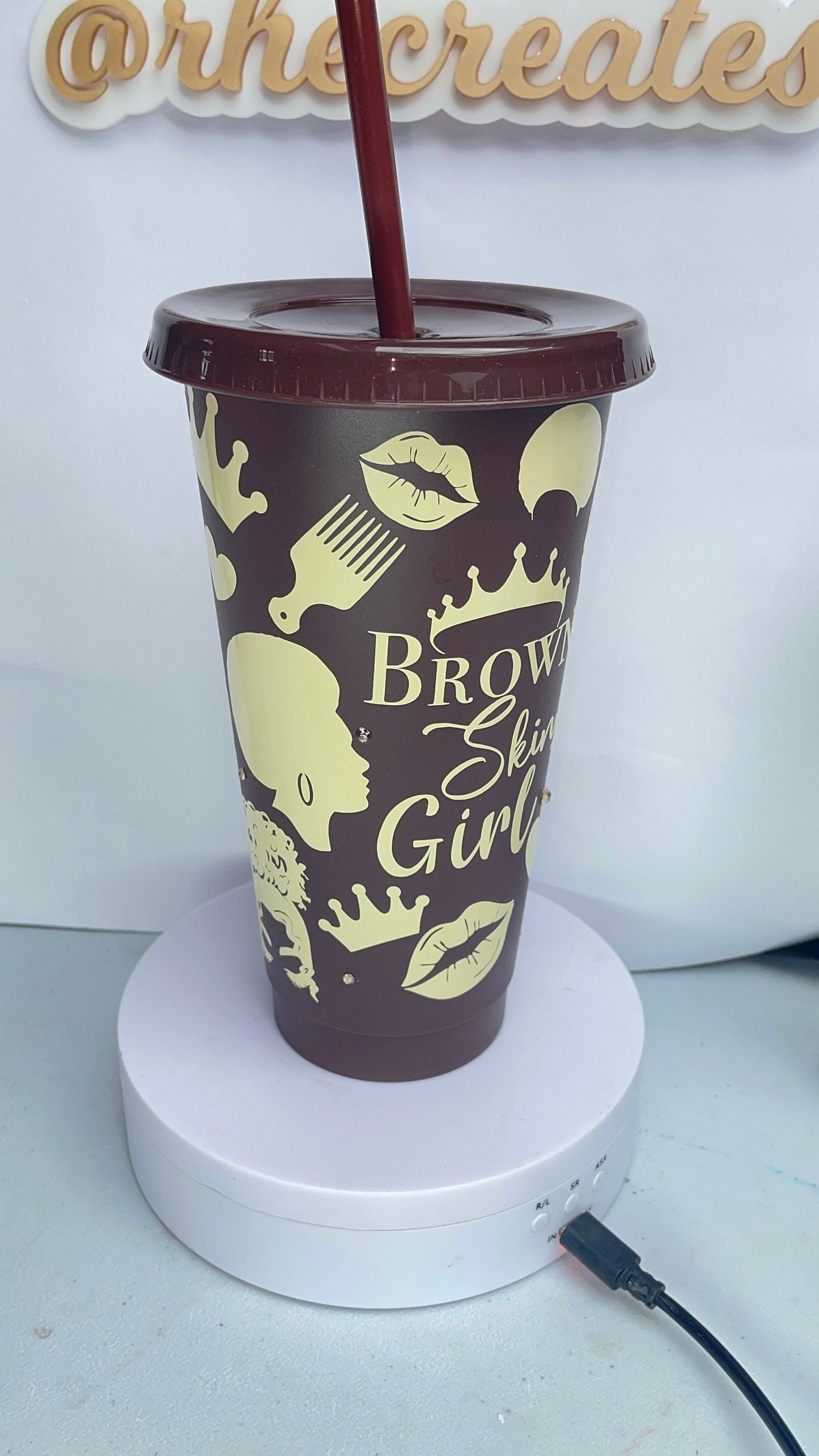 Brown Skin Girl Cold Cup with Straw | Rhinestone Lid with Brown Skin Girl Reusable Cup