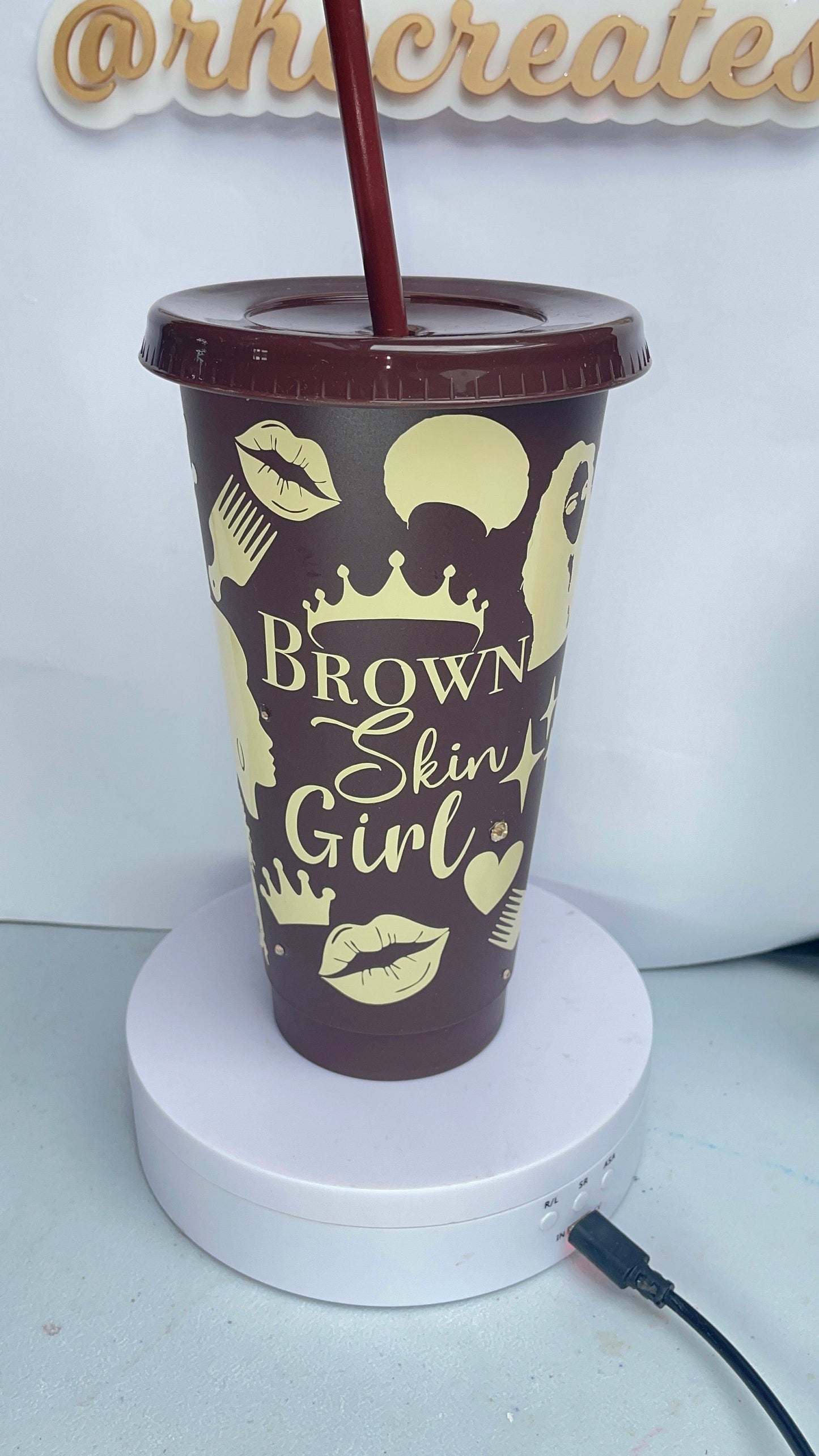 Brown Skin Girl Cold Cup with Straw | Rhinestone Lid with Brown Skin Girl Reusable Cup