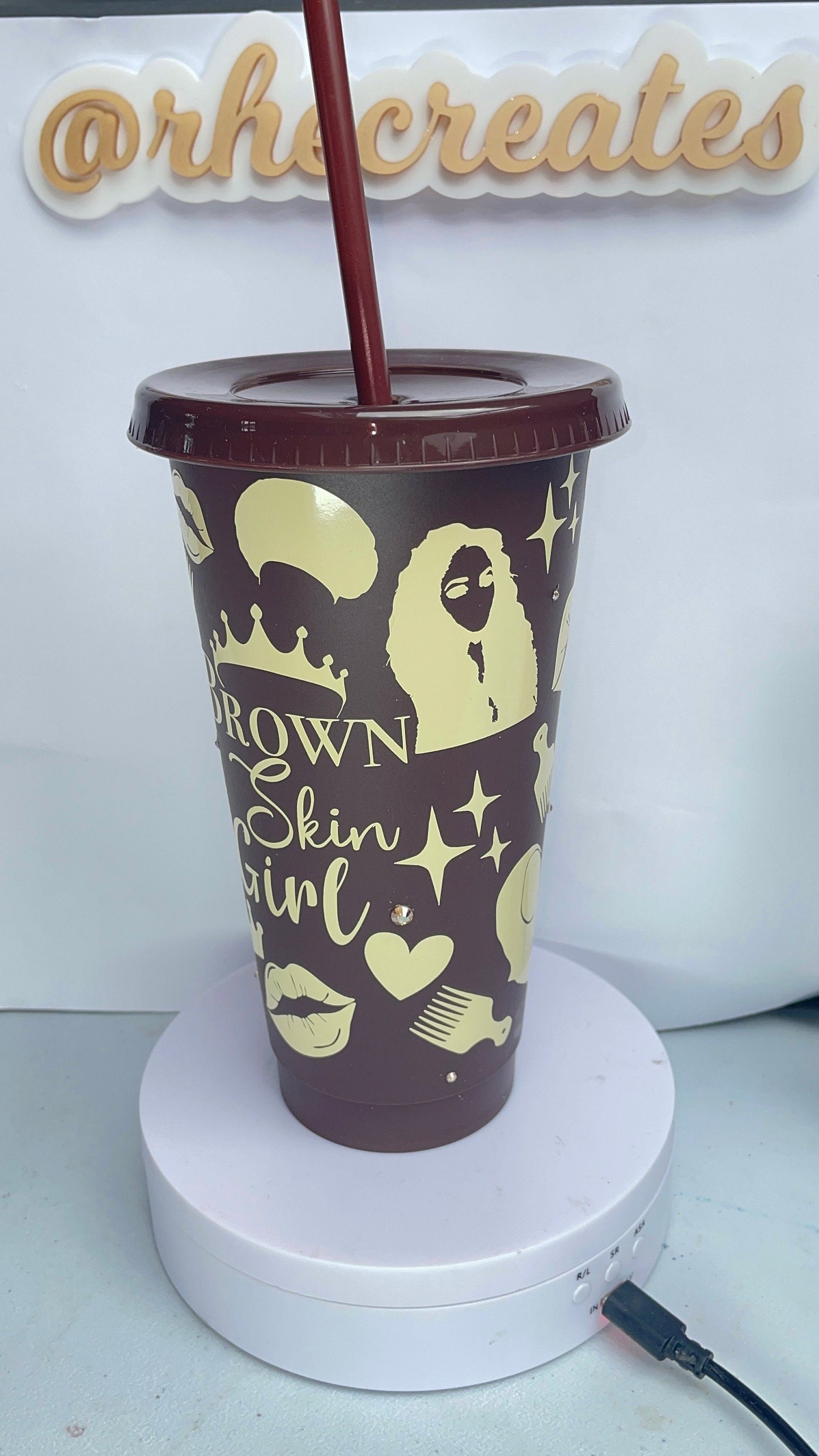 Brown Skin Girl Cold Cup with Straw | Rhinestone Lid with Brown Skin Girl Reusable Cup