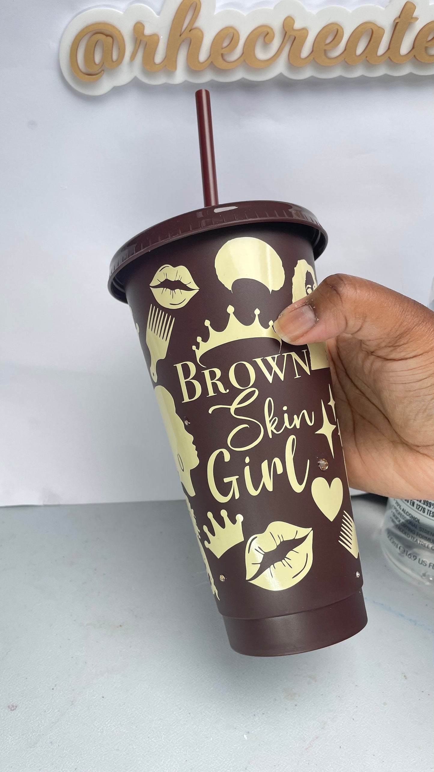 Brown Skin Girl Cold Cup with Straw | Rhinestone Lid with Brown Skin Girl Reusable Cup