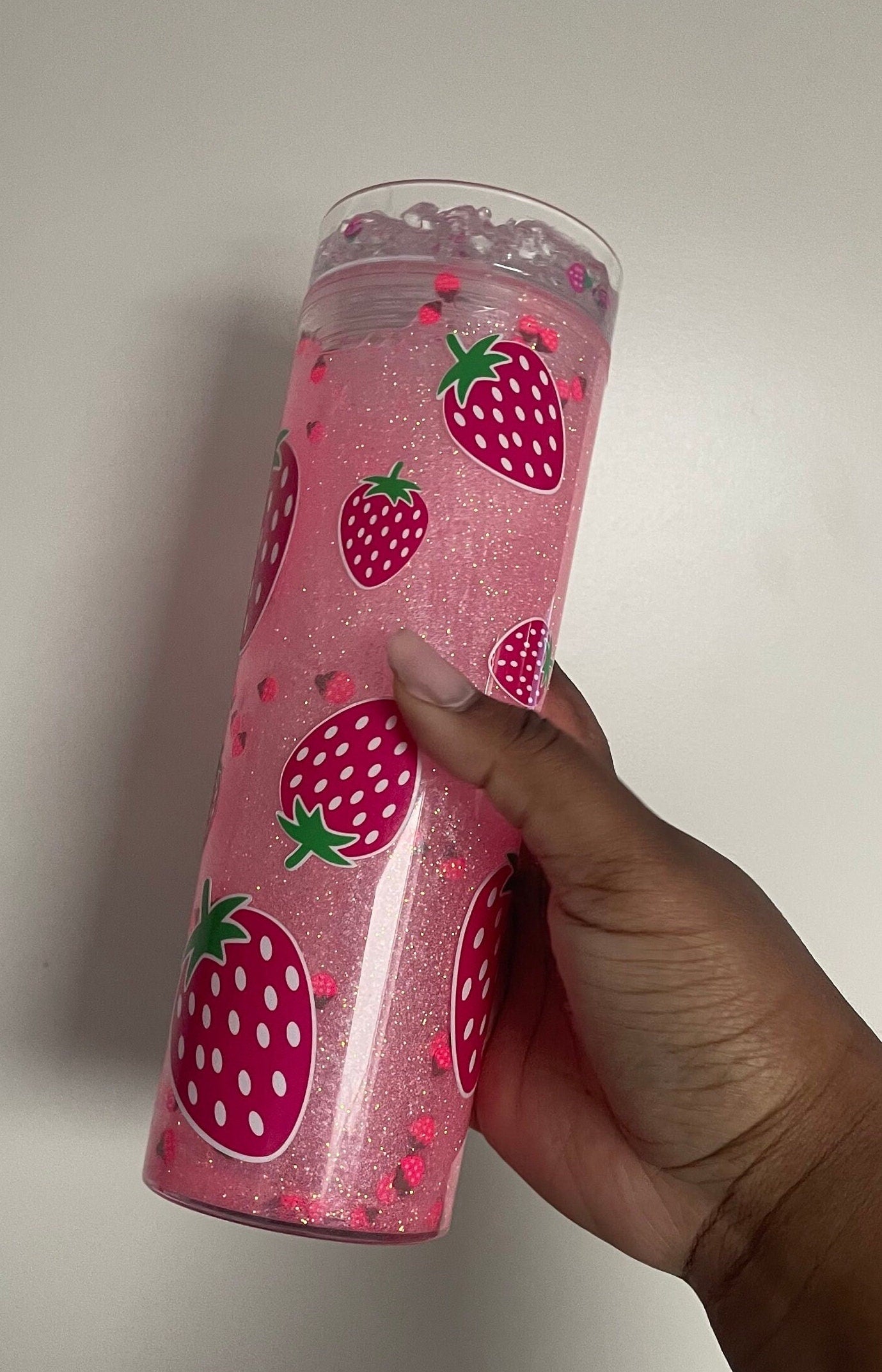 Strawberry Snowglobe Skinny Tumbler (READY-TO-SHIP)